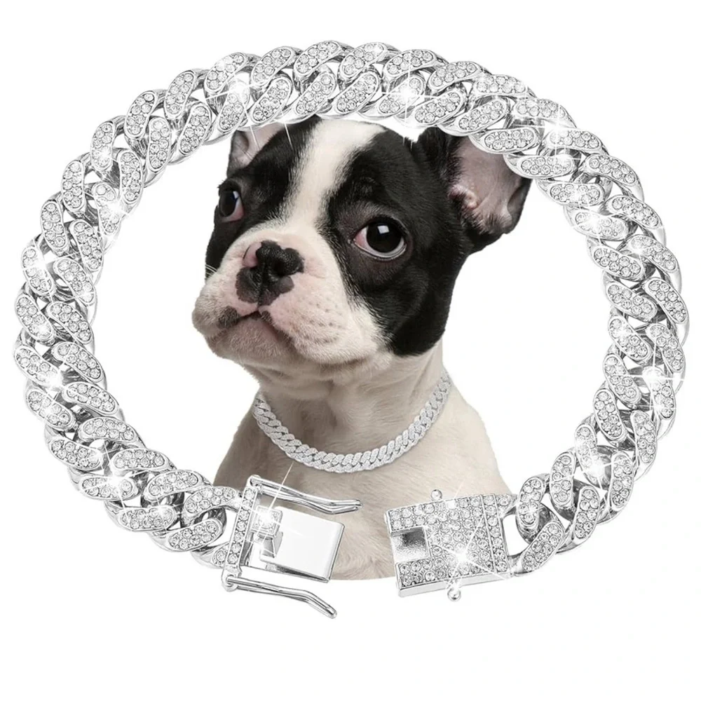 Rhinestone Cuban Link Dog Collar - Silver